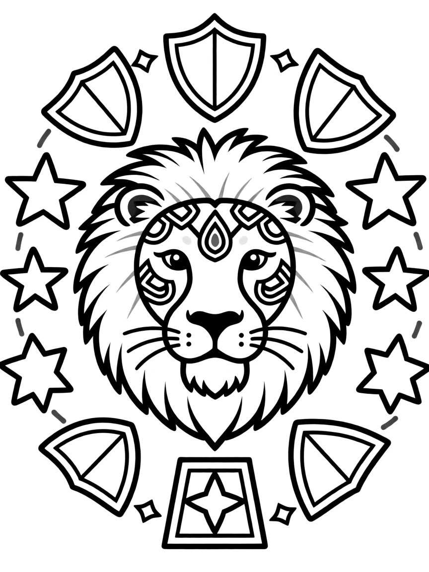 Lion's face with tribal markings, surrounded by protective symbols