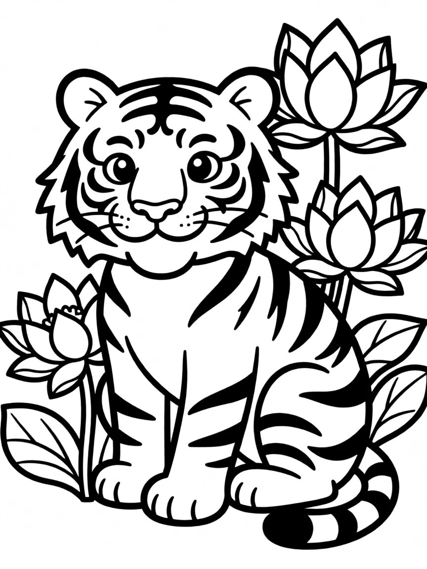 Tiger with lotus flowers incorporated into its stripe patterns