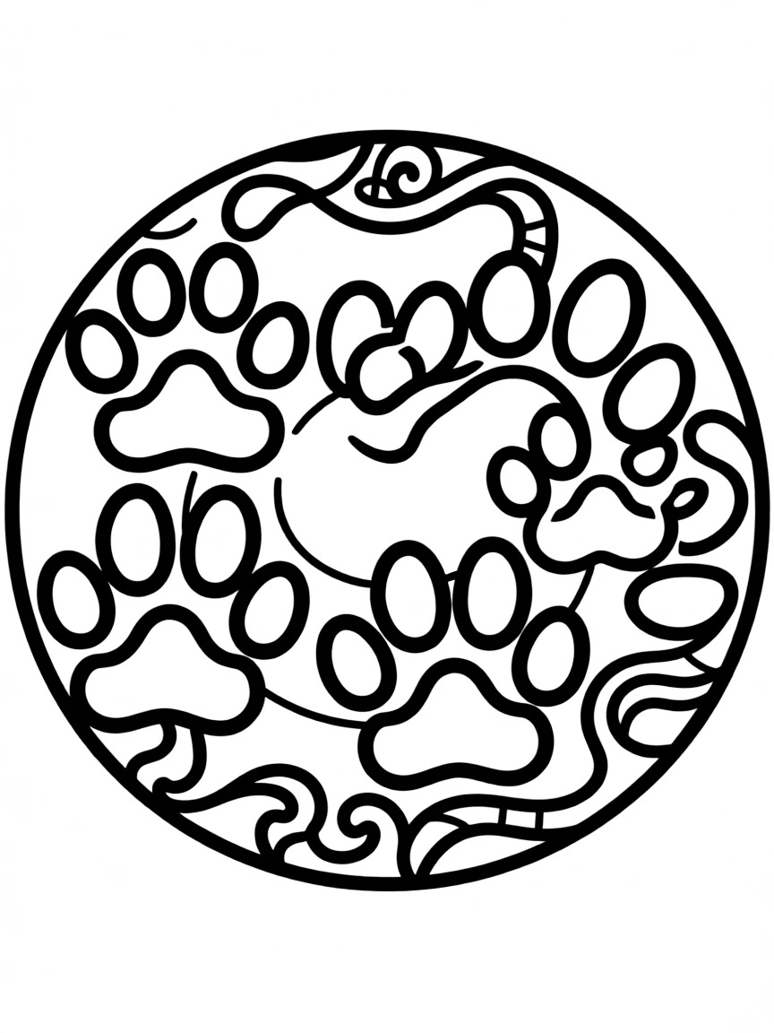 Tiger paw prints forming a circular pattern with tribal designs between