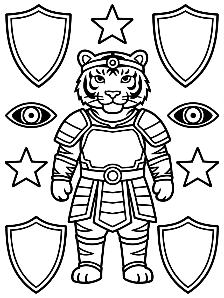 Tiger with ceremonial armor, surrounded by protection symbols