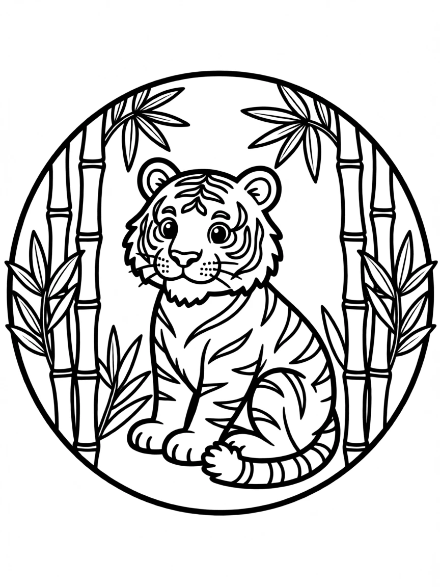 Tiger with bamboo elements incorporated into a circular design