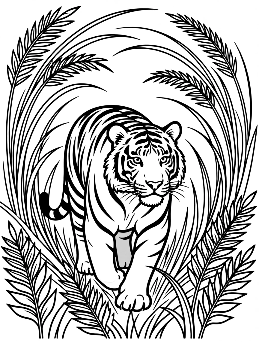 Tiger prowling through tall grass, with grass patterns forming a circular design
