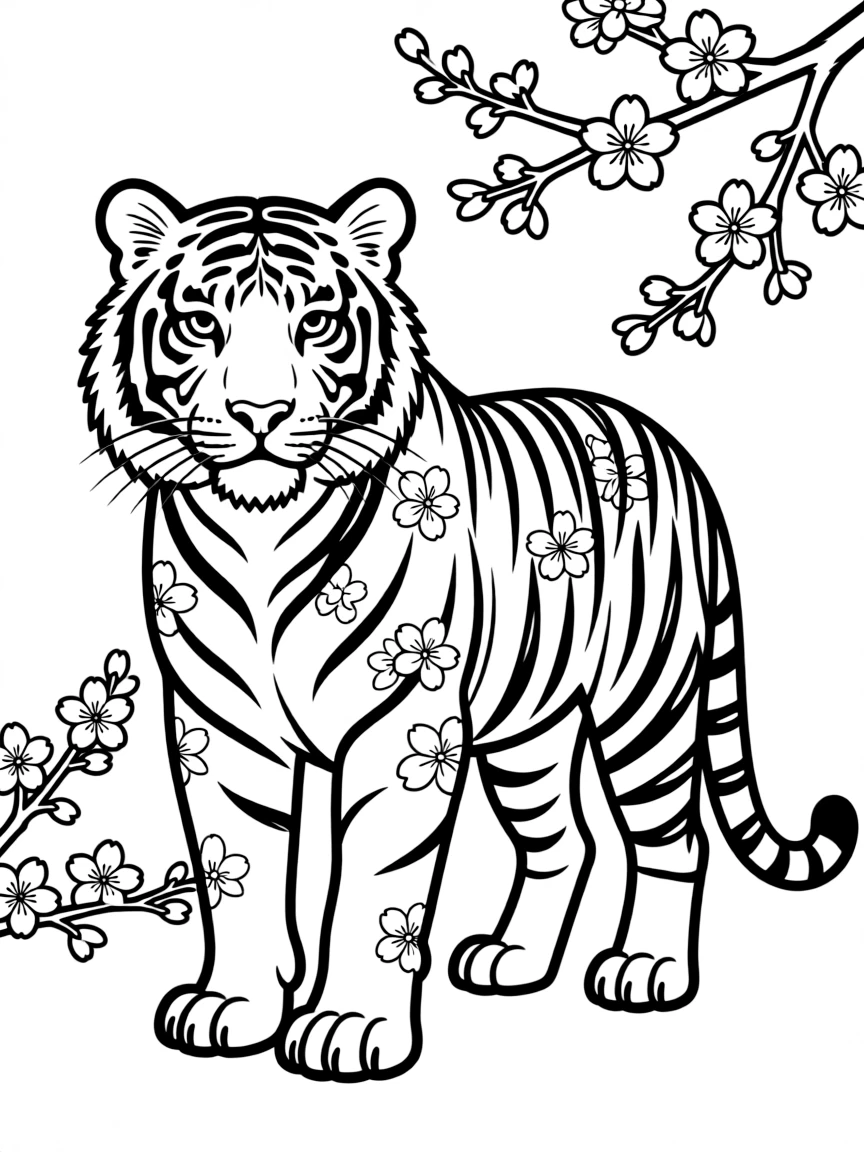 Tiger with cherry blossom patterns incorporated into its stripes