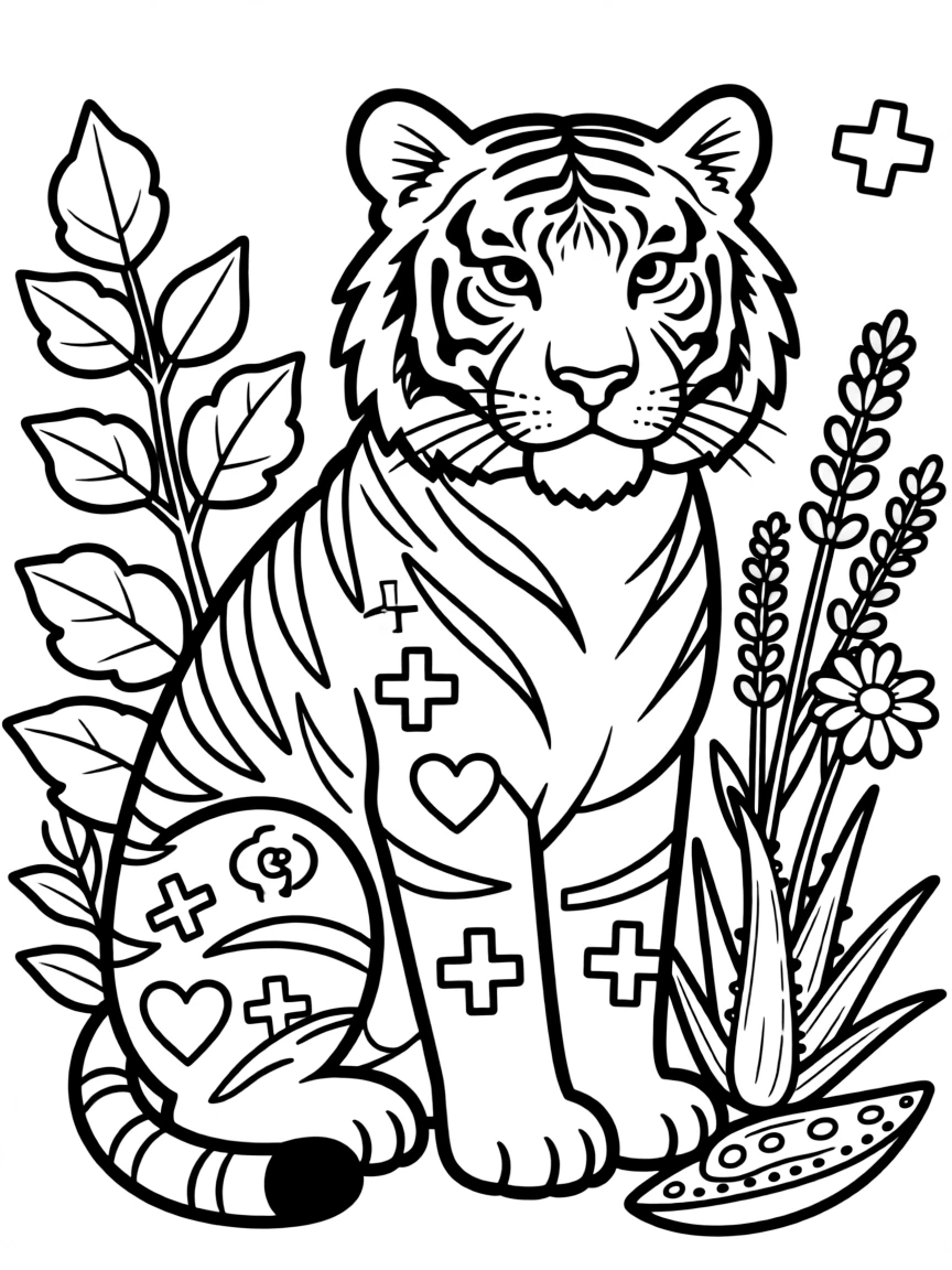 Tiger with healing symbols in its stripe patterns, surrounded by medicinal plants