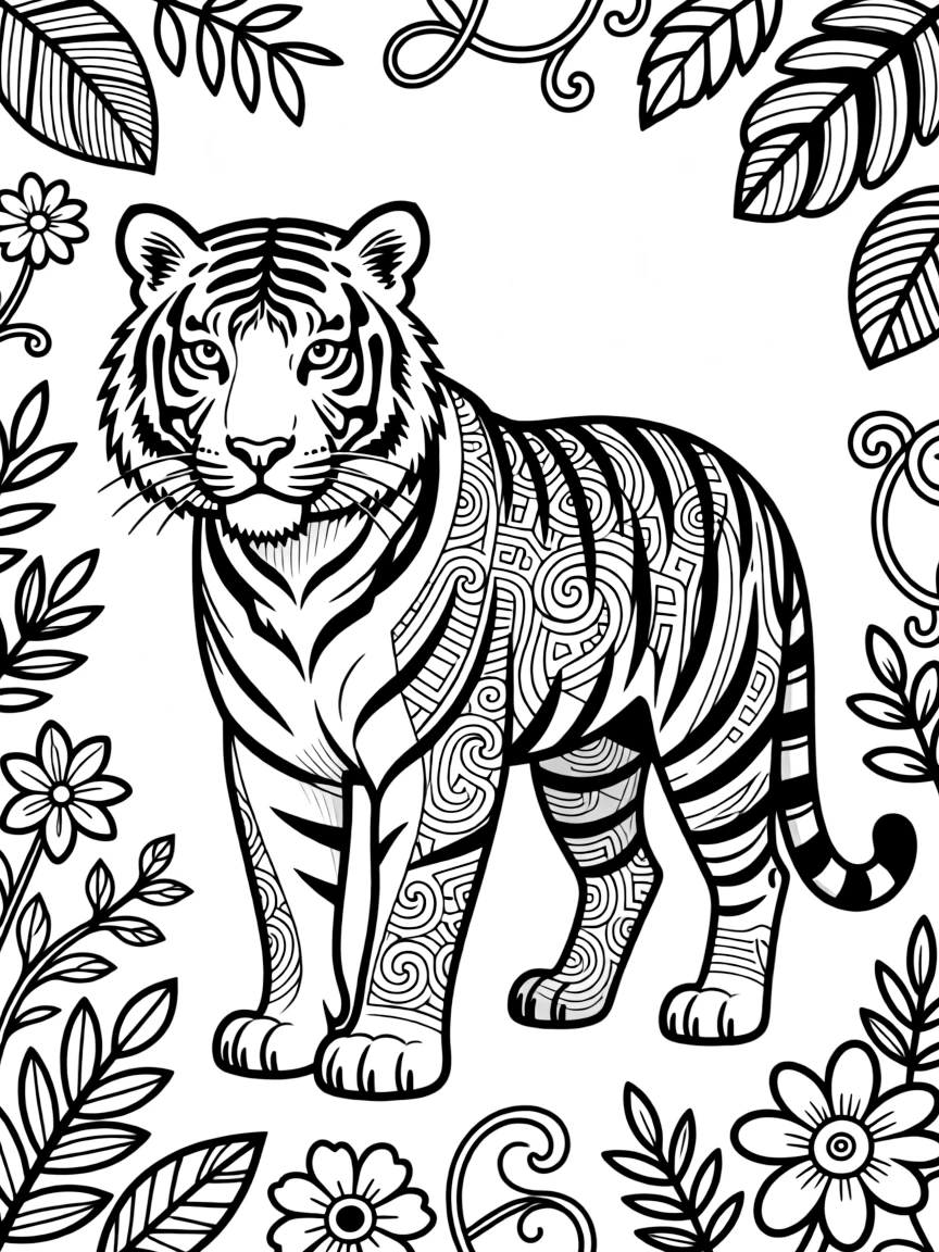 Tiger with stripes forming a zentangle pattern, surrounded by detailed designs