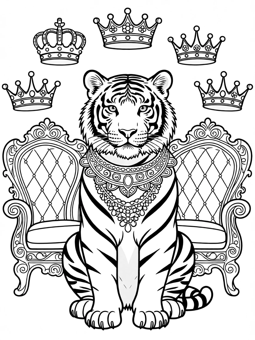Tiger with royal decorations, surrounded by throne and crown patterns