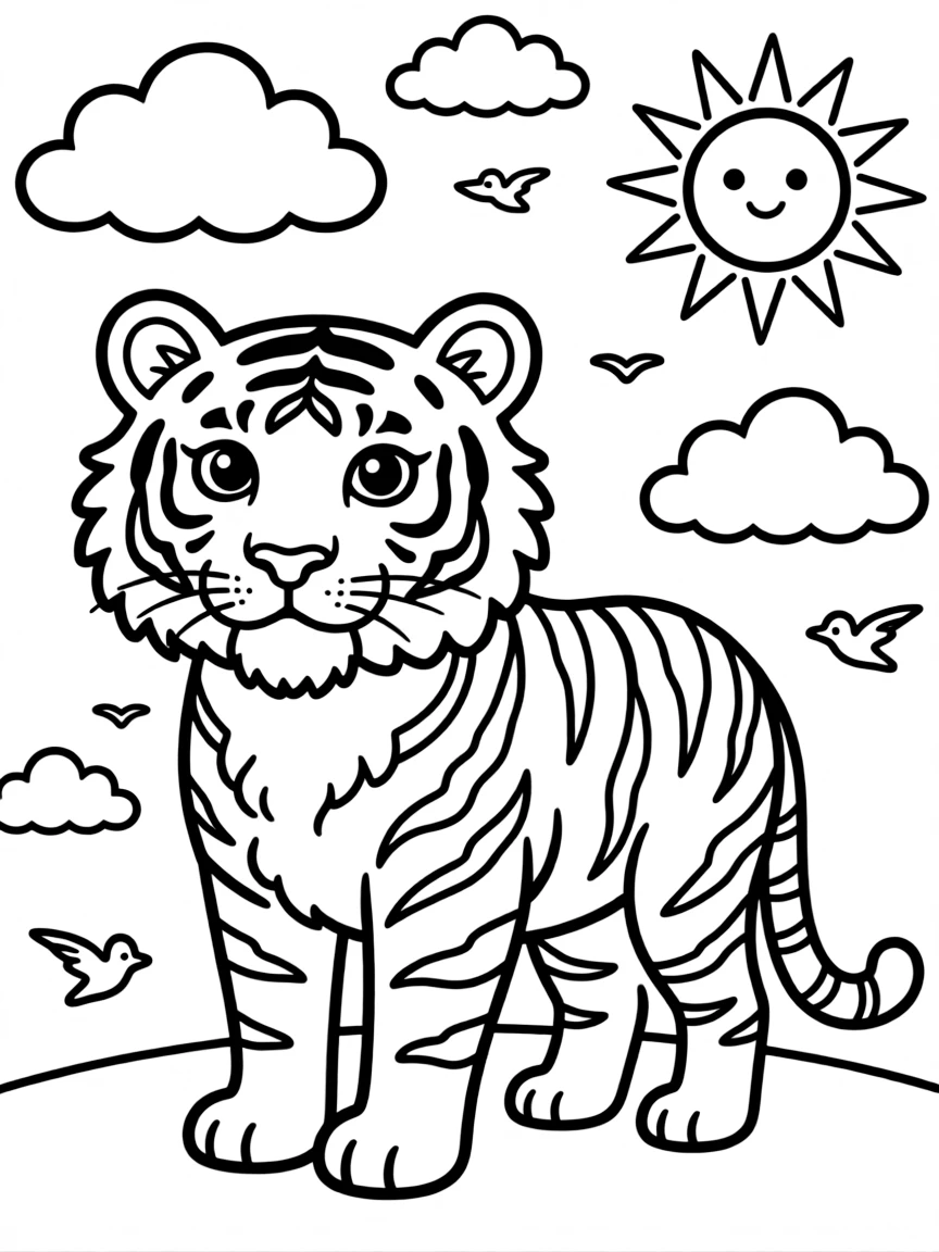 Tiger with stripes forming cloud patterns, surrounded by sky elements