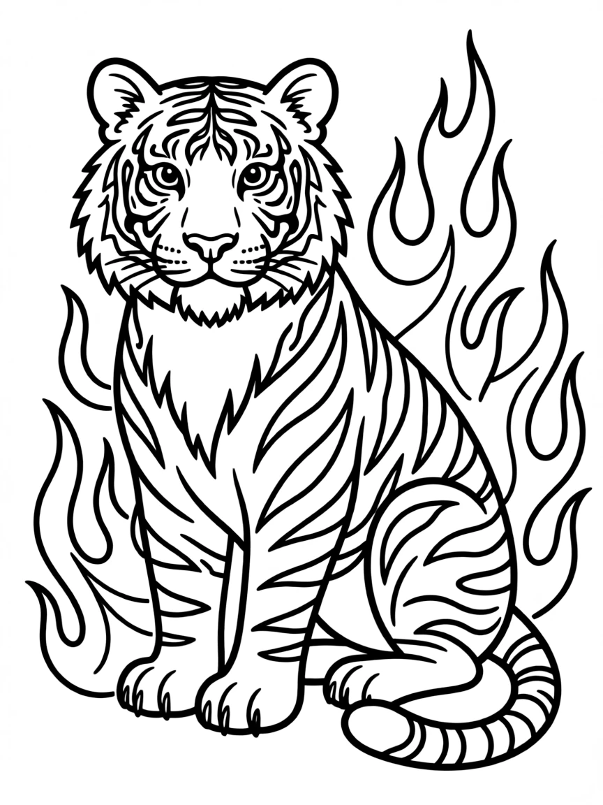 Tiger with fire elements in its stripes, surrounded by flame-inspired patterns