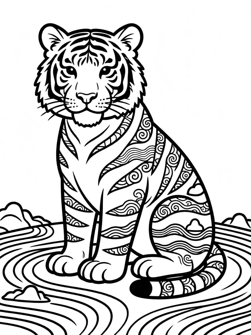 Tiger with zen garden patterns in its stripes, surrounded by raked sand designs