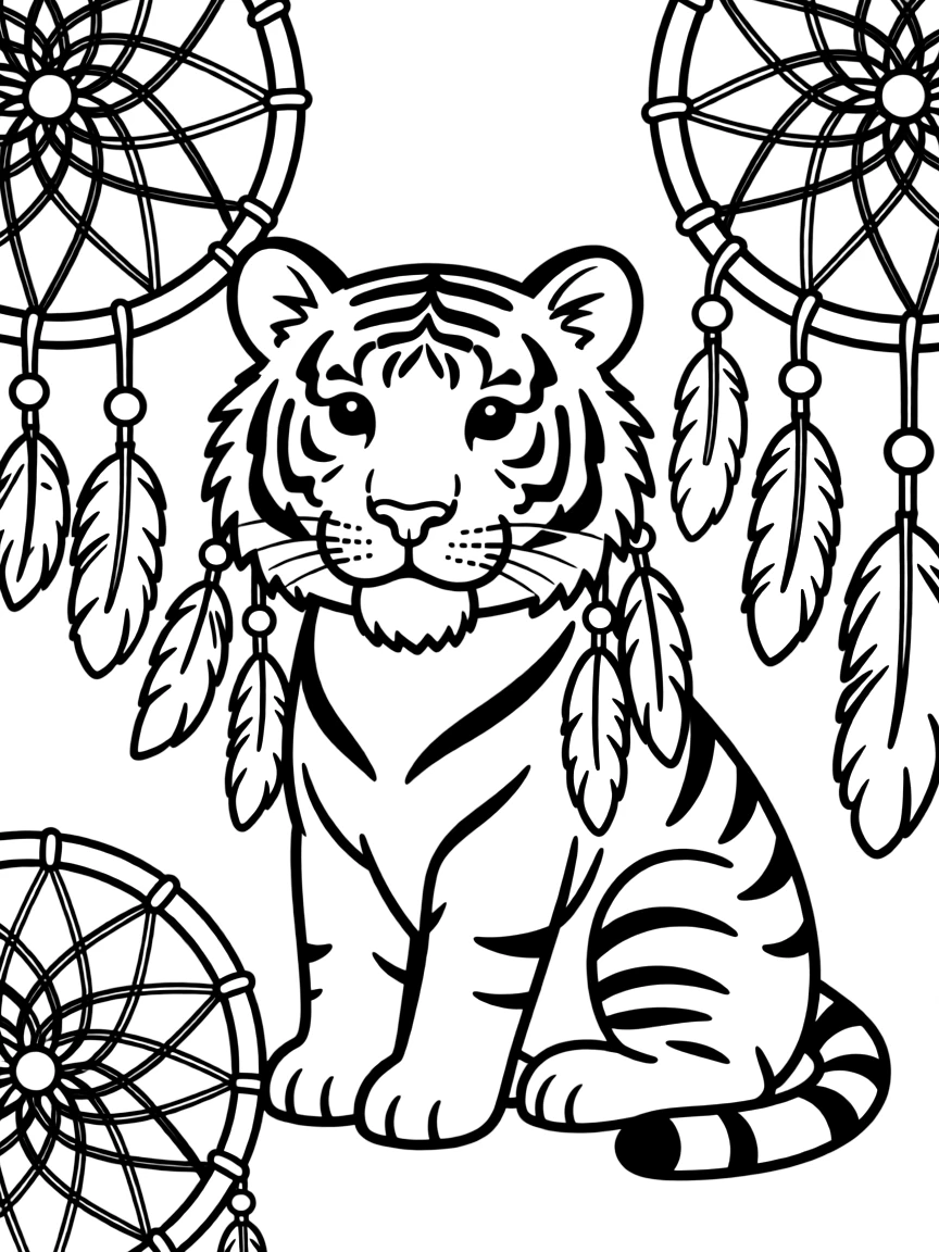 Tiger with feathered decorations, surrounded by dreamcatcher-inspired patterns