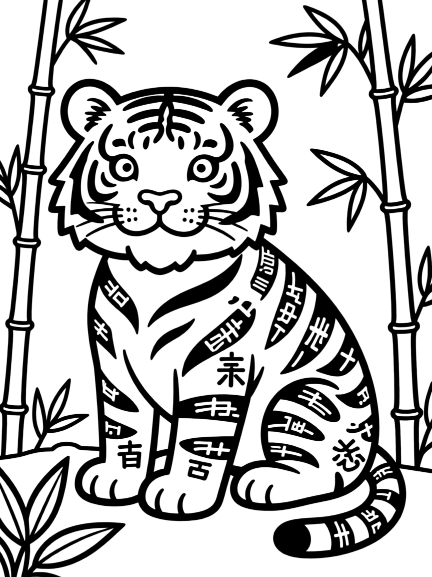 Tiger with Chinese character elements incorporated into its stripe patterns