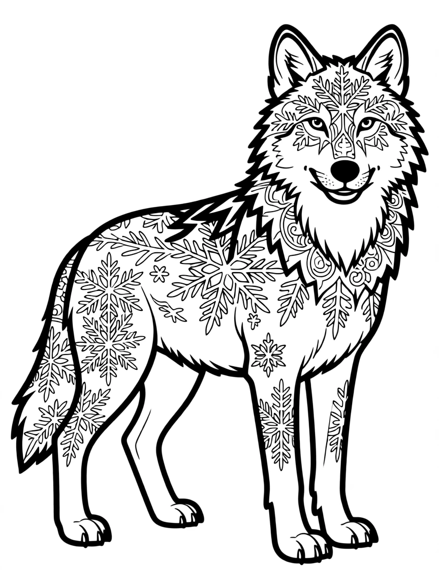Wolf with winter frost patterns on its fur, creating a crystalline mandala