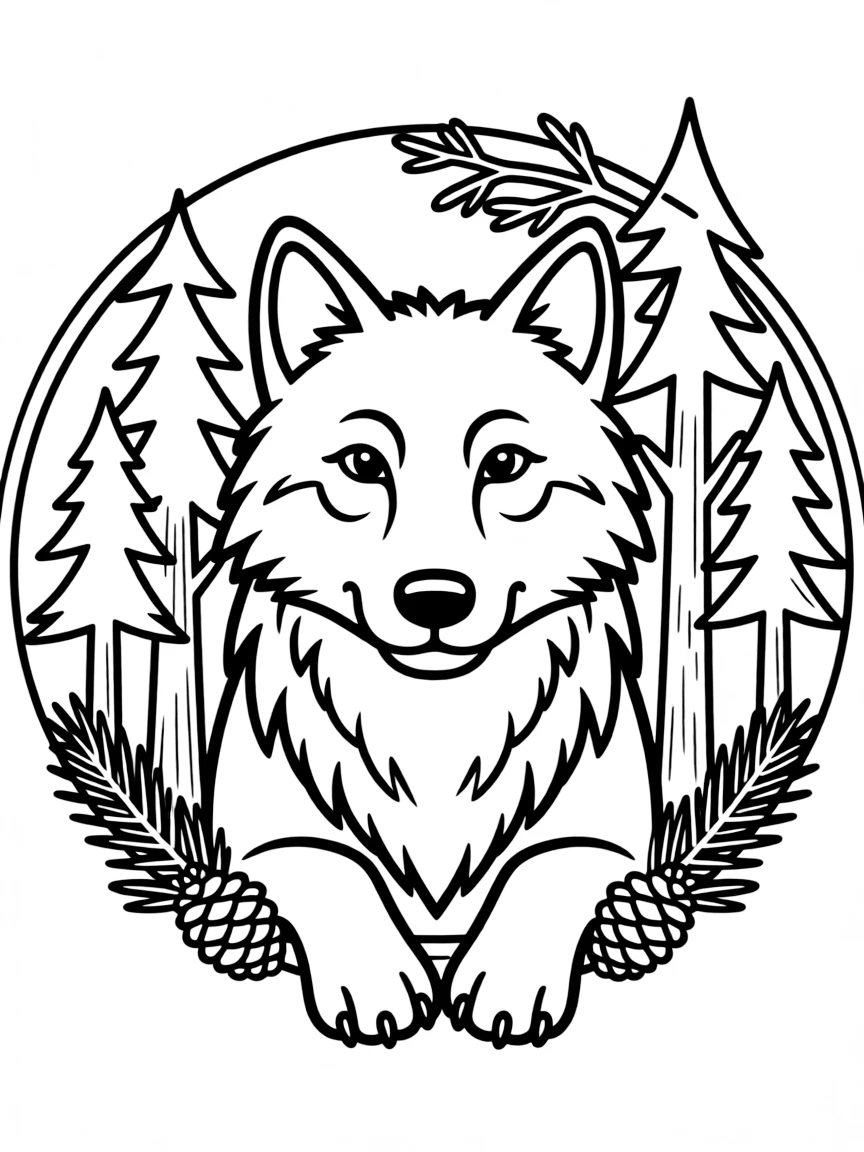 Wolf with pine forest elements incorporated into a circular design