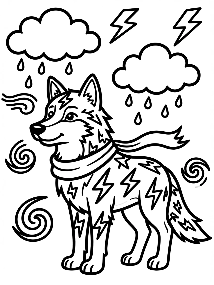 Wolf with lightning bolt patterns in its fur, surrounded by storm elements