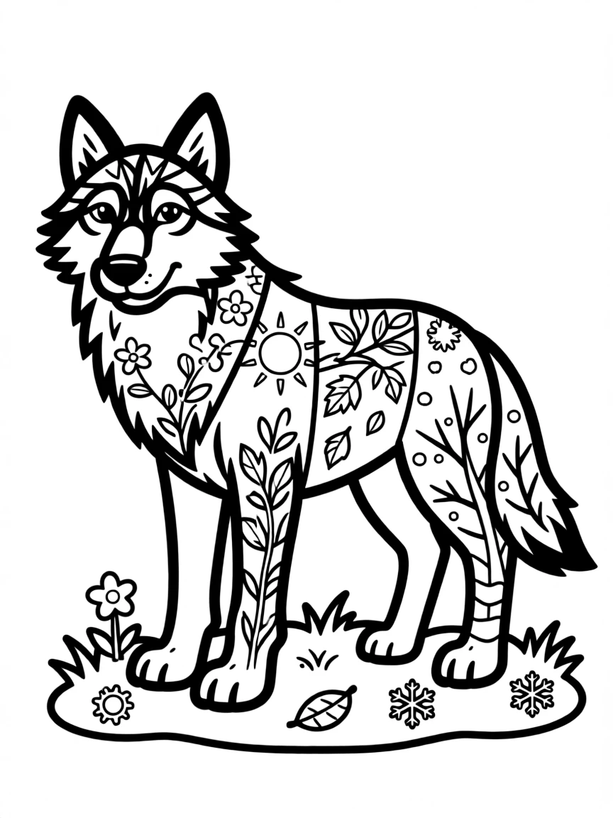 Wolf with seasonal elements in its fur, showing all four seasons in one design