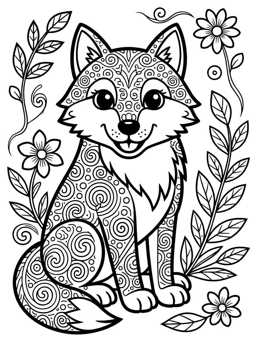 Wolf with fur forming a zentangle pattern, surrounded by detailed designs
