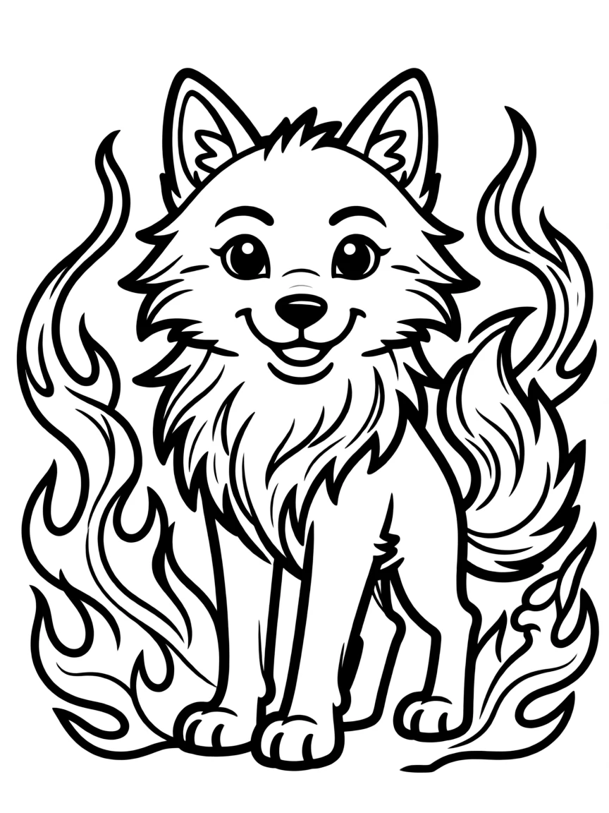 Wolf with fire elements in its fur, surrounded by flame-inspired patterns