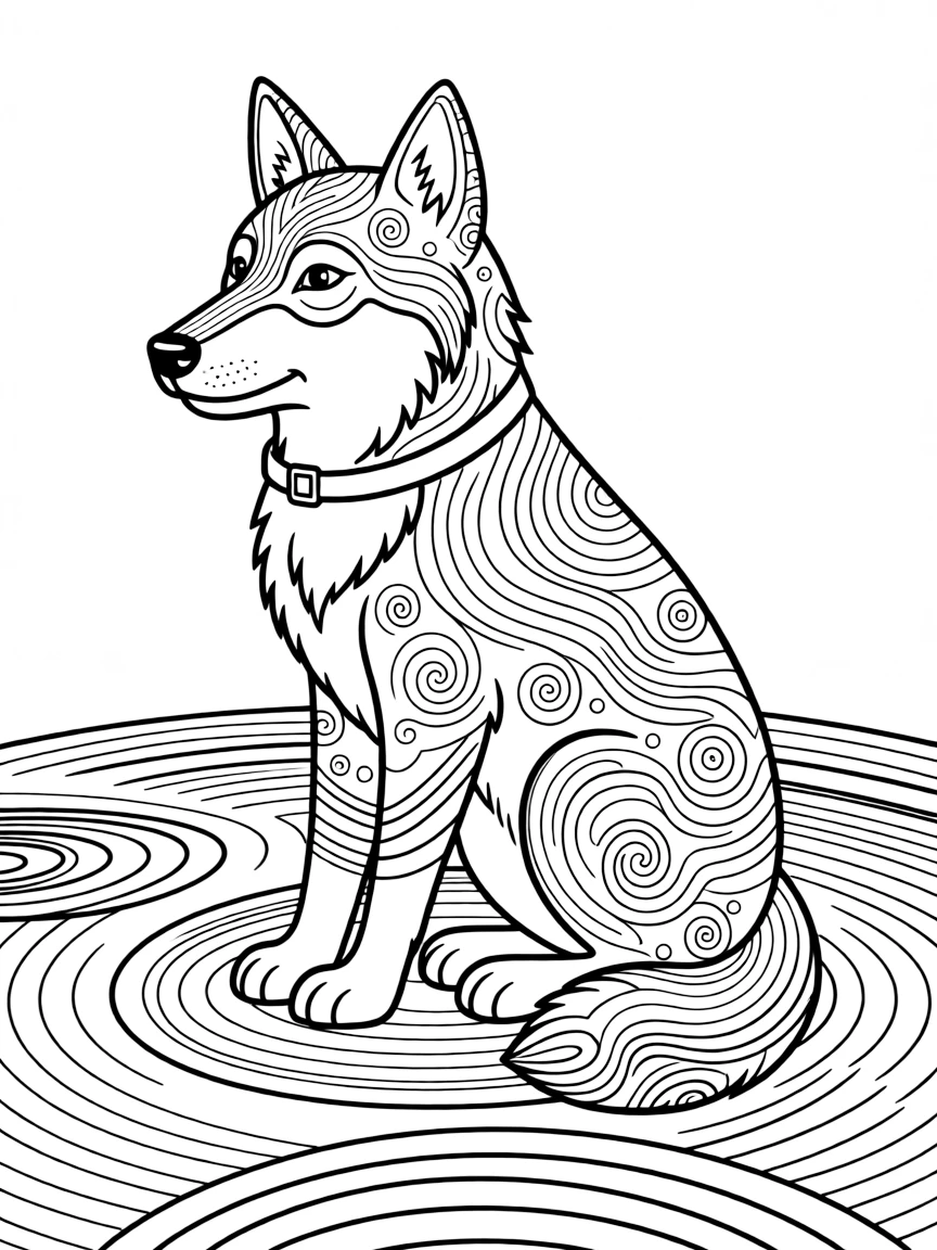 Wolf with zen garden patterns in its fur, surrounded by raked sand designs