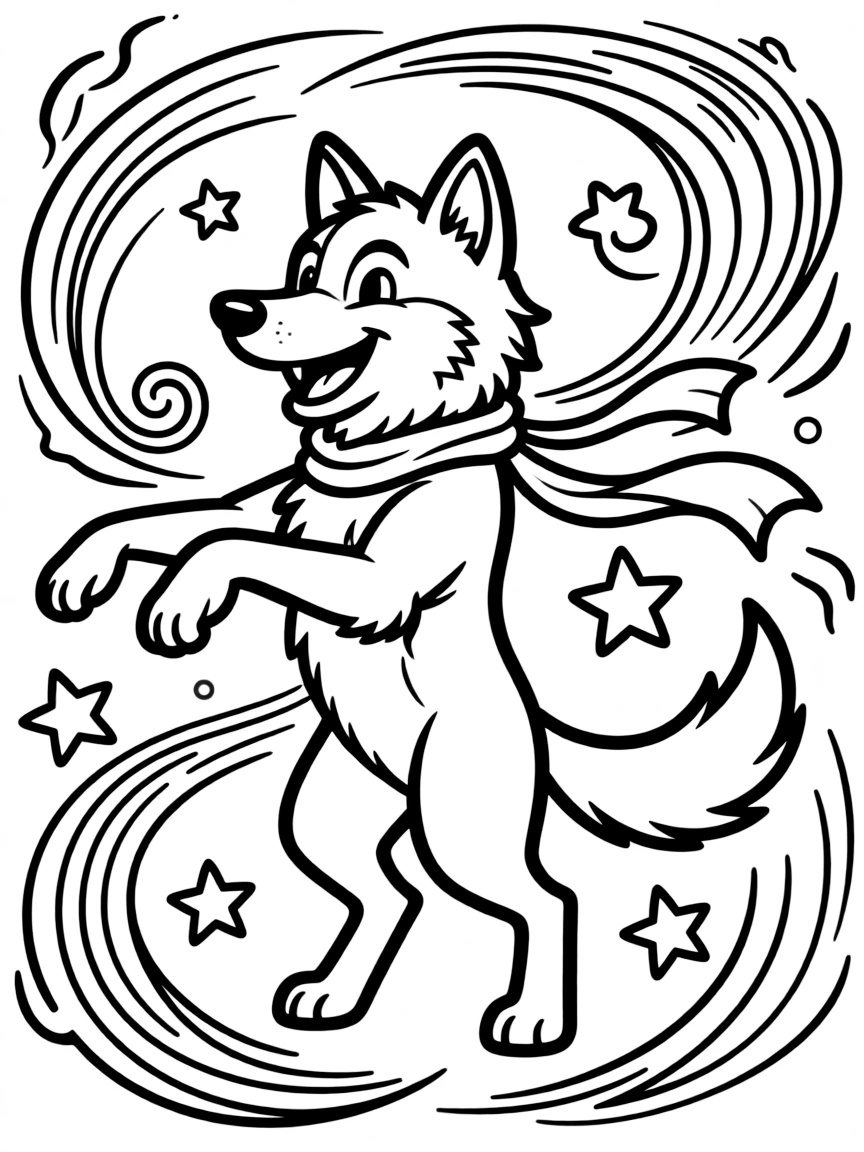 Wolf in dance pose, surrounded by movement-inspired patterns