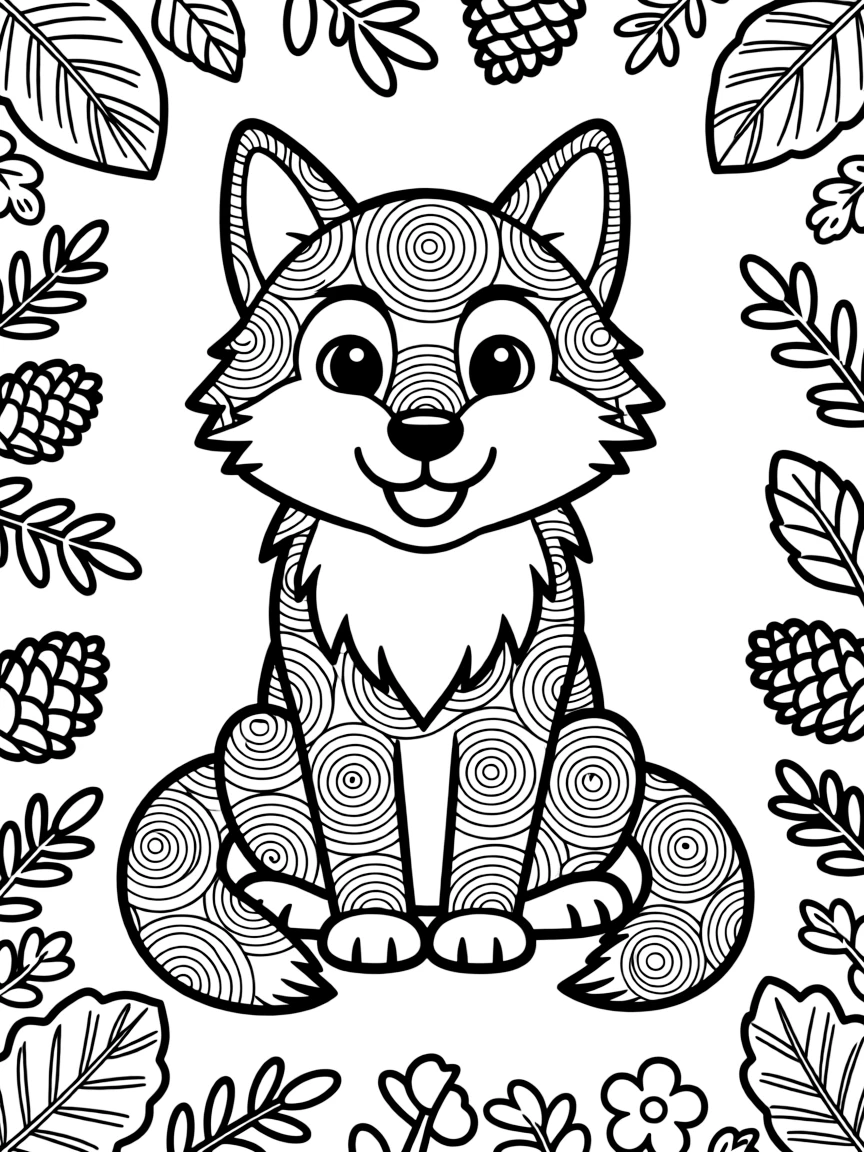Wolf with fur forming tree rings, surrounded by forest-inspired designs