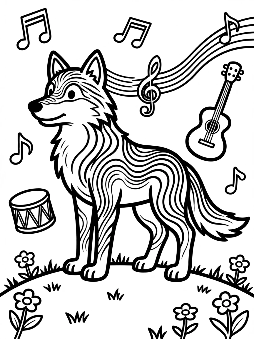 Wolf with fur forming sound wave patterns, surrounded by music elements