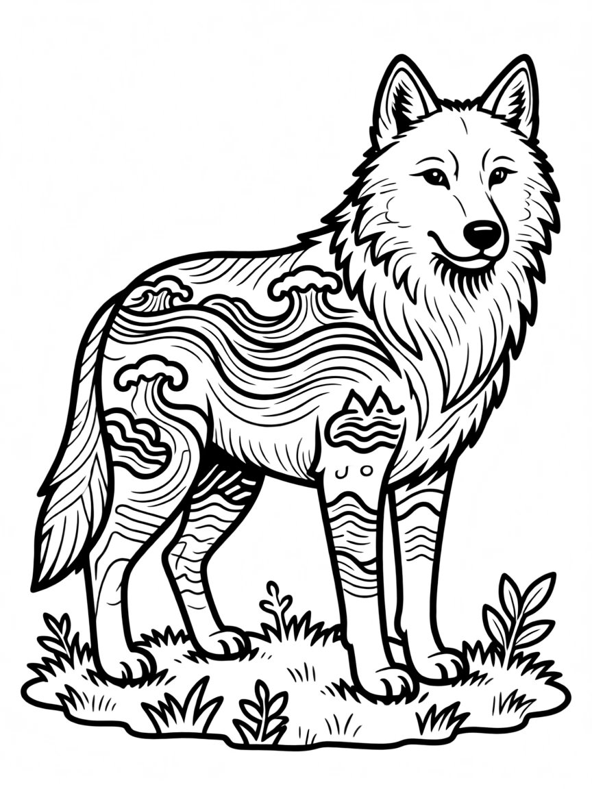 Wolf with river and water elements flowing through its fur patterns