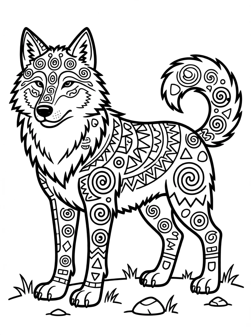 Wolf with shamanic symbols incorporated into its fur patterns