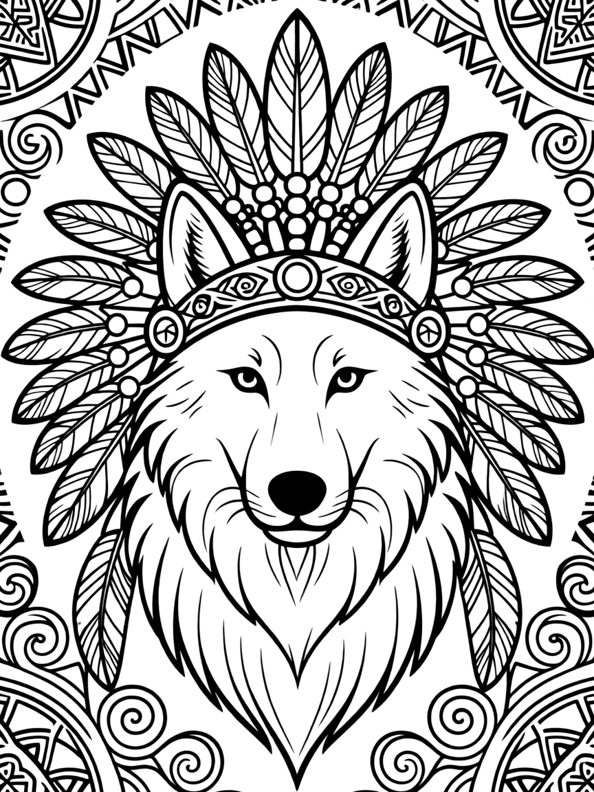 Wolf with ornate headdress, surrounded by ceremonial patterns