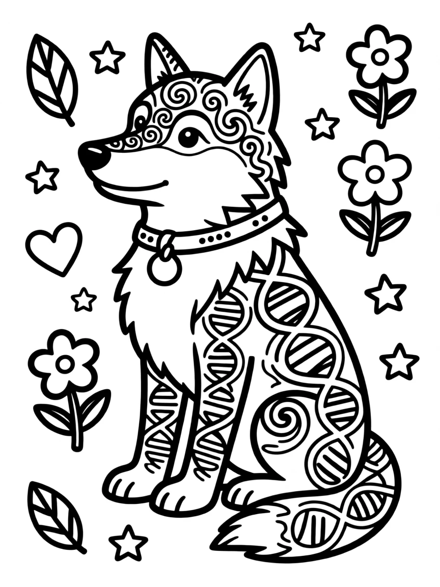 Wolf with fur forming a DNA-like spiral pattern, surrounded by life symbols