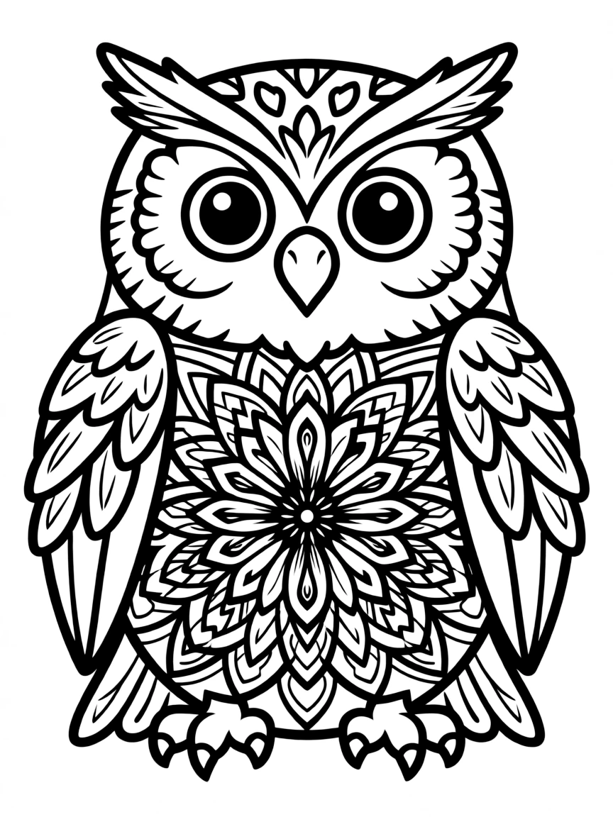 Owl with feather patterns forming a symmetrical mandala design