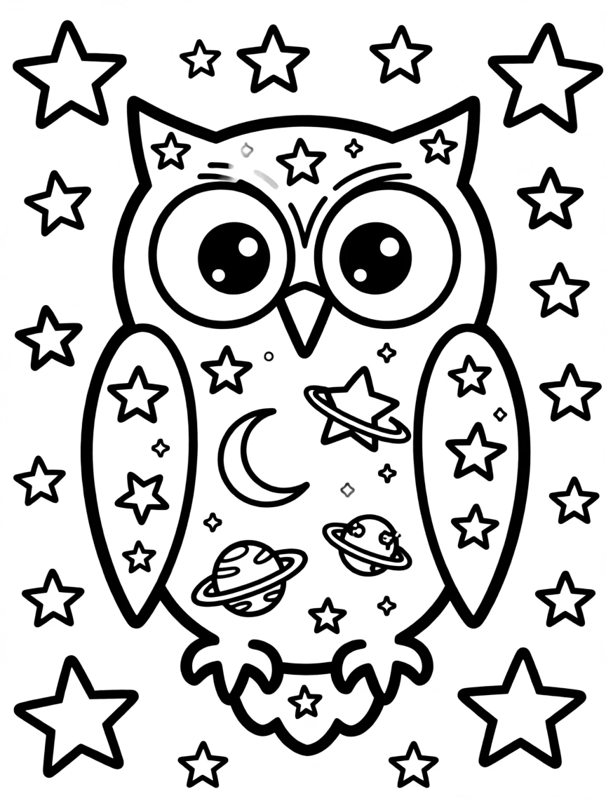 Owl silhouette filled with celestial designs, surrounded by star patterns