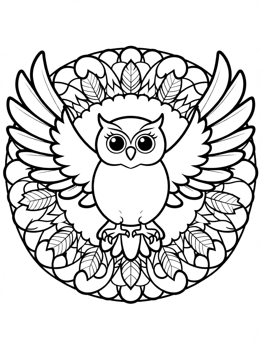 Owl's wings spread in a circular arrangement, creating a protective mandala