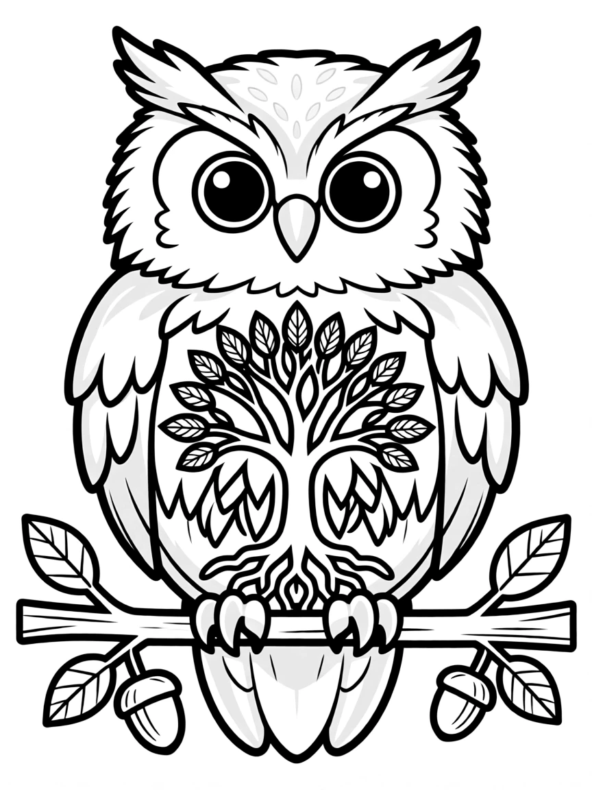 Owl with tree of life incorporated into its chest feathers