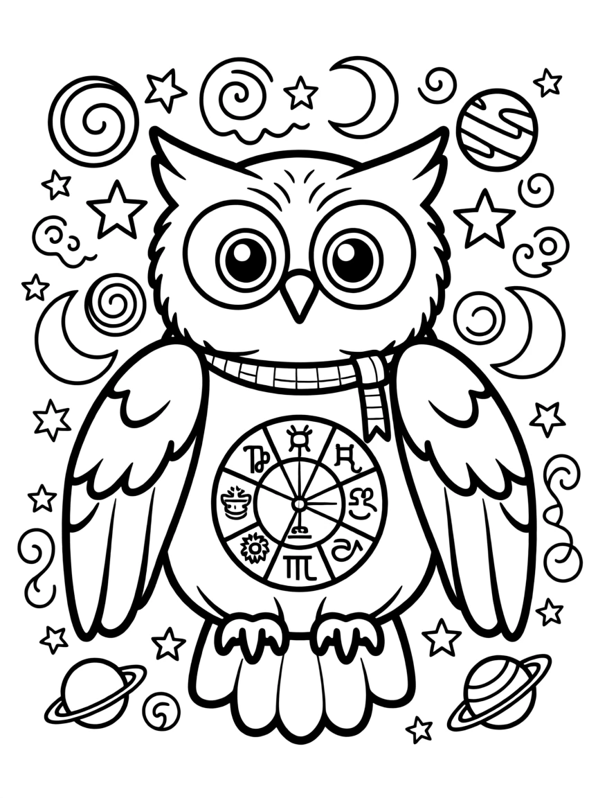 Owl with zodiac symbolism, surrounded by astrological patterns