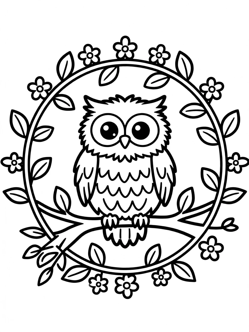 Owl perched on a circular branch that forms a mandala framework