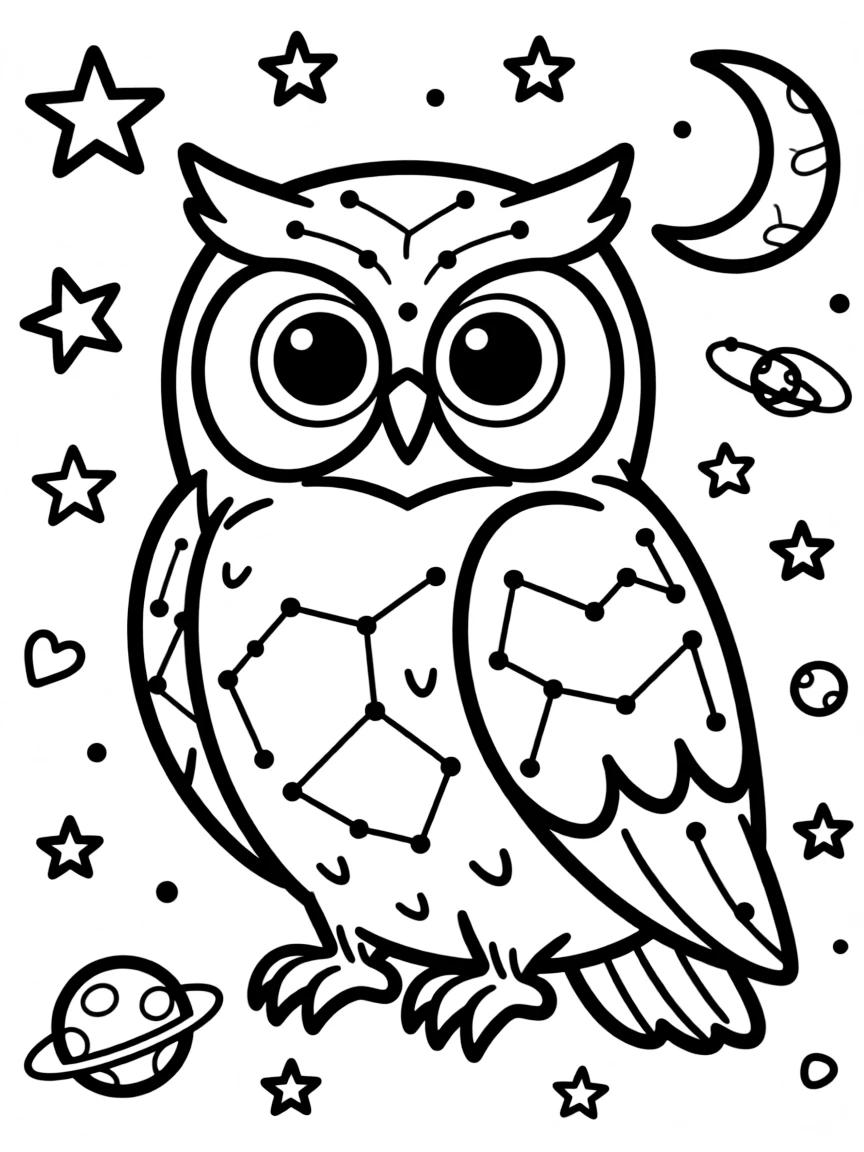 Owl with constellation patterns in its feathers, surrounded by cosmic designs