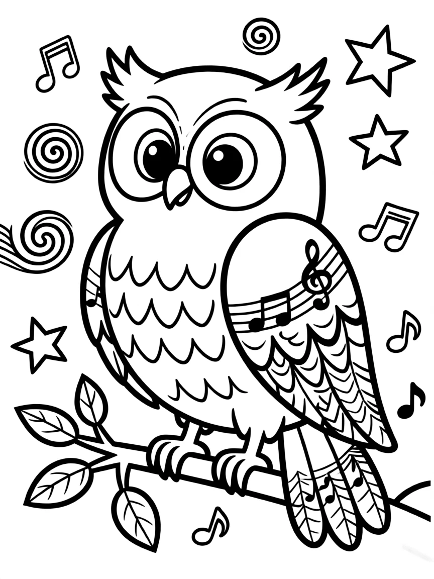 Owl with musical notes in its feather patterns, surrounded by rhythm designs