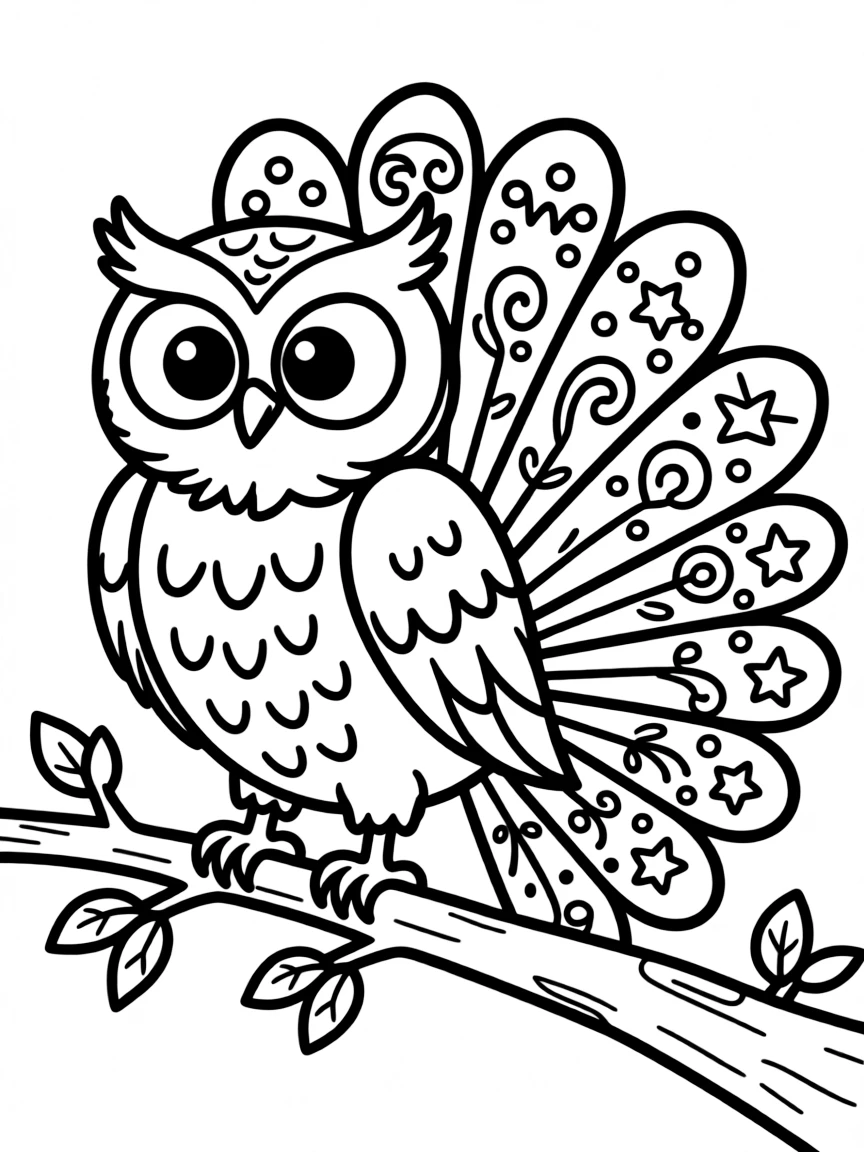Owl's tail forming a fan pattern with decorative elements along its feathers