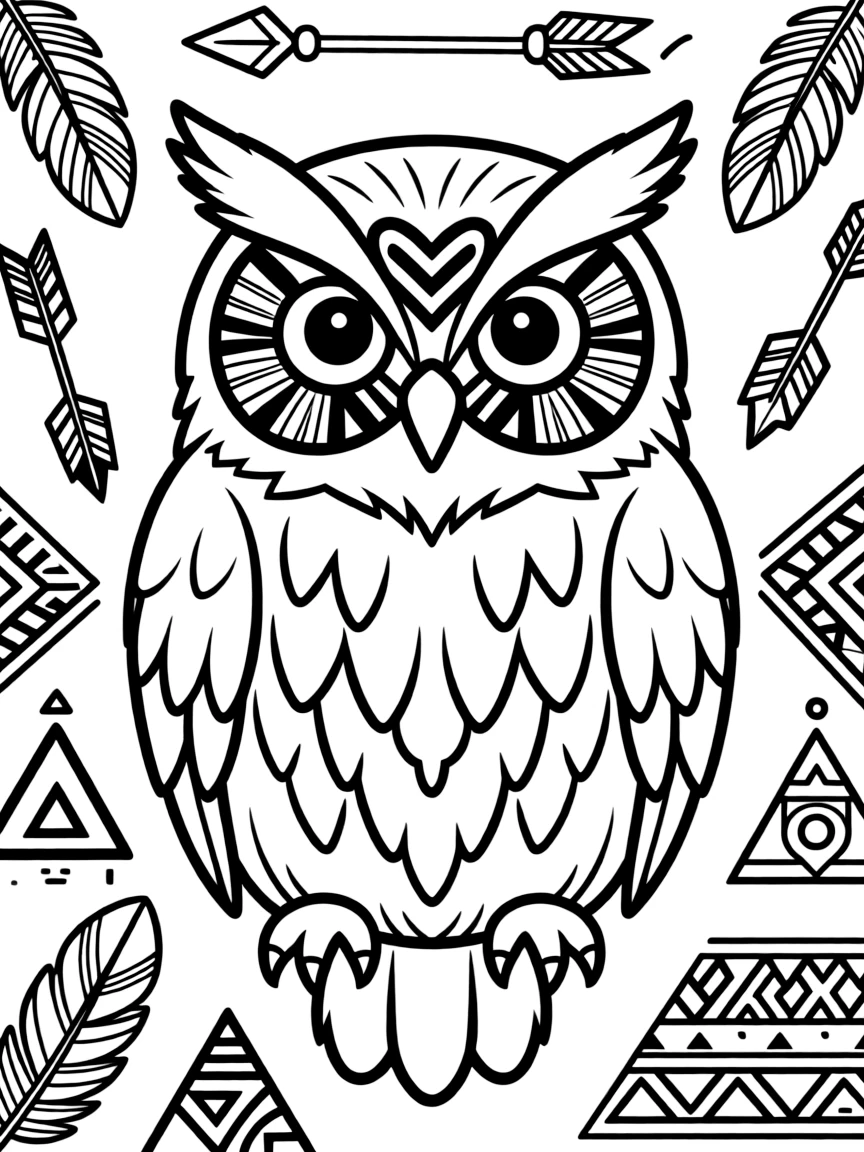 Owl with tribal face markings, surrounded by Native American designs
