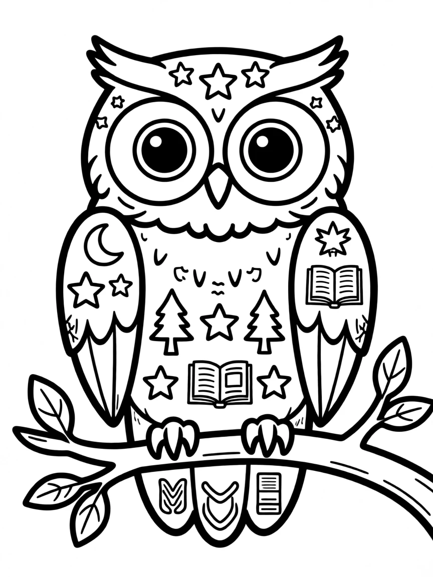 Owl with symbolic elements in its feathers, telling a story through patterns