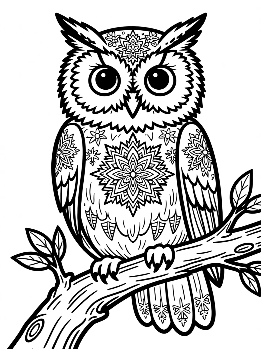 Owl with winter frost patterns on its feathers, creating a crystalline mandala