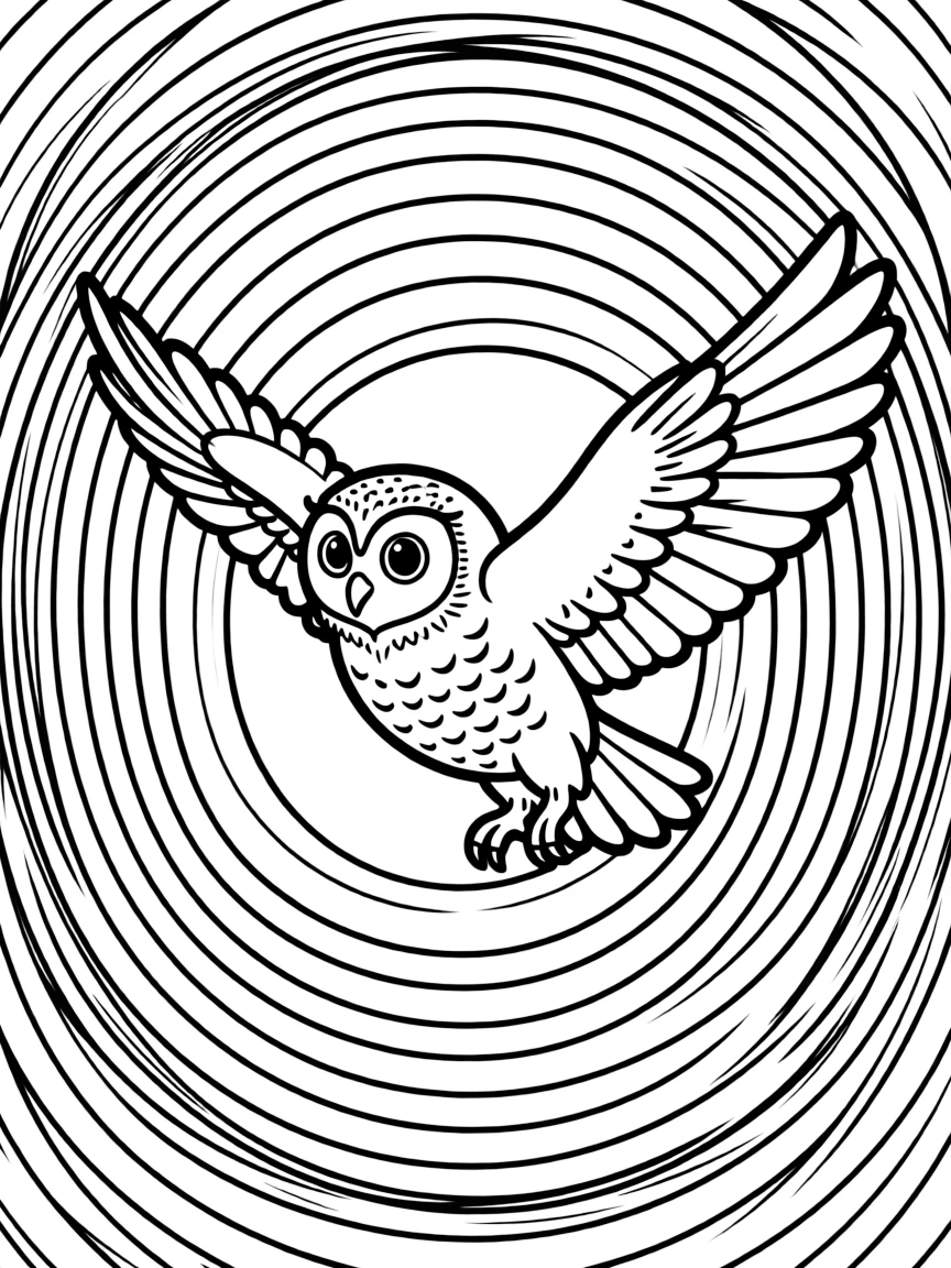 Owl in flight, with air currents forming concentric circle patterns