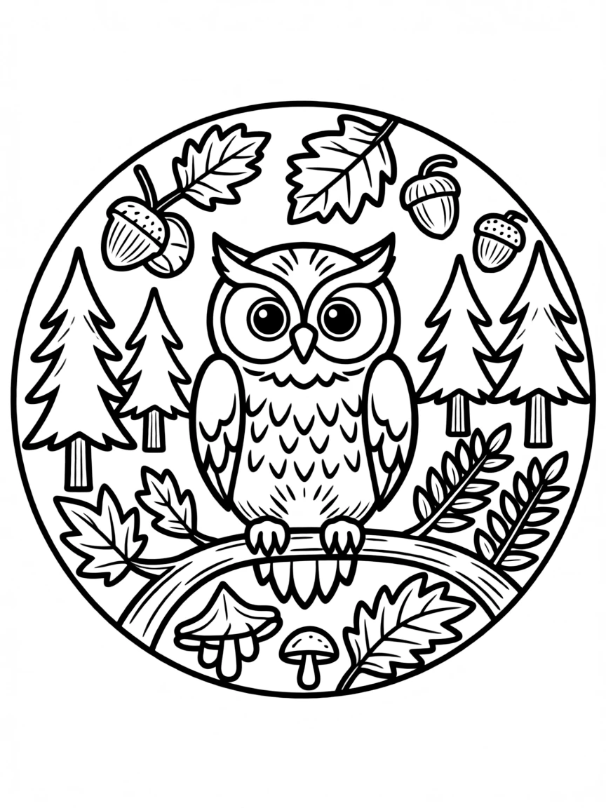 Owl with forest elements incorporated into a circular design