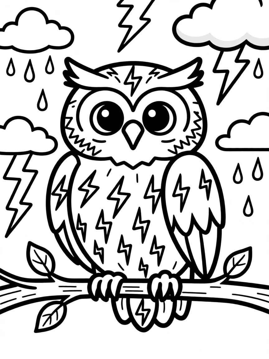 Owl with lightning bolt patterns in its feathers, surrounded by storm elements