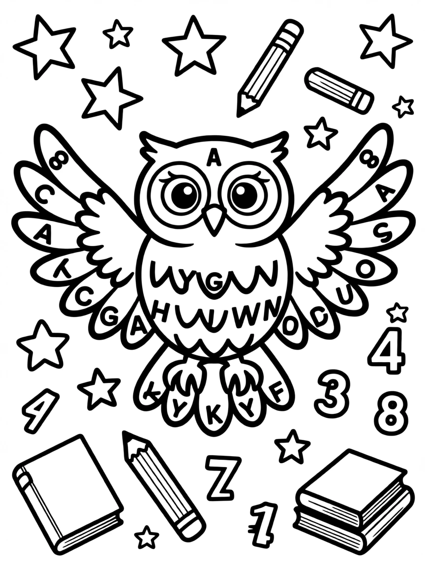 Owl with alphabet letters in its feathers, surrounded by educational patterns
