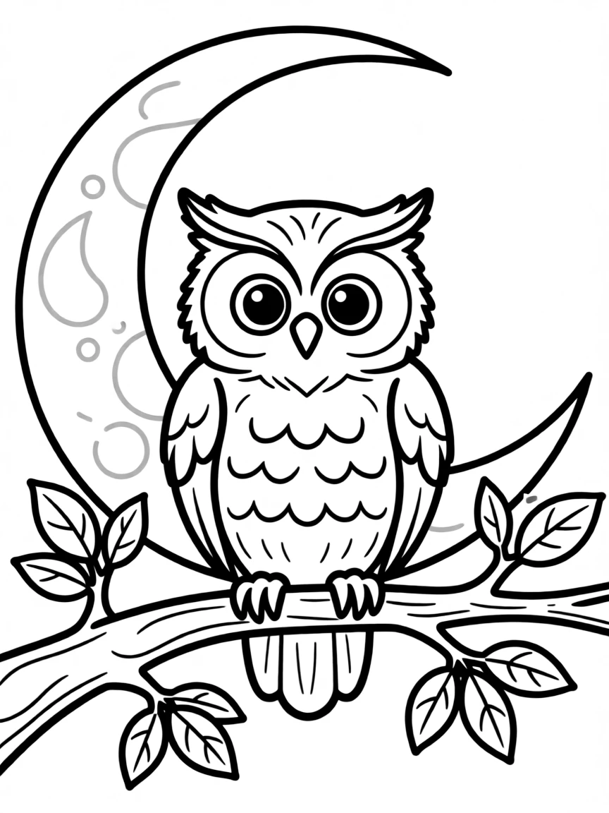 Owl perched on a moonlit branch, with light patterns forming a circular design