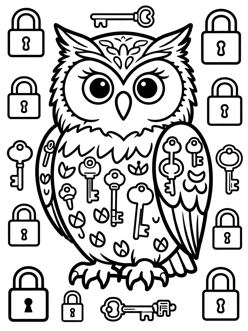 Owl with key patterns incorporated into its feathers, surrounded by lock designs
