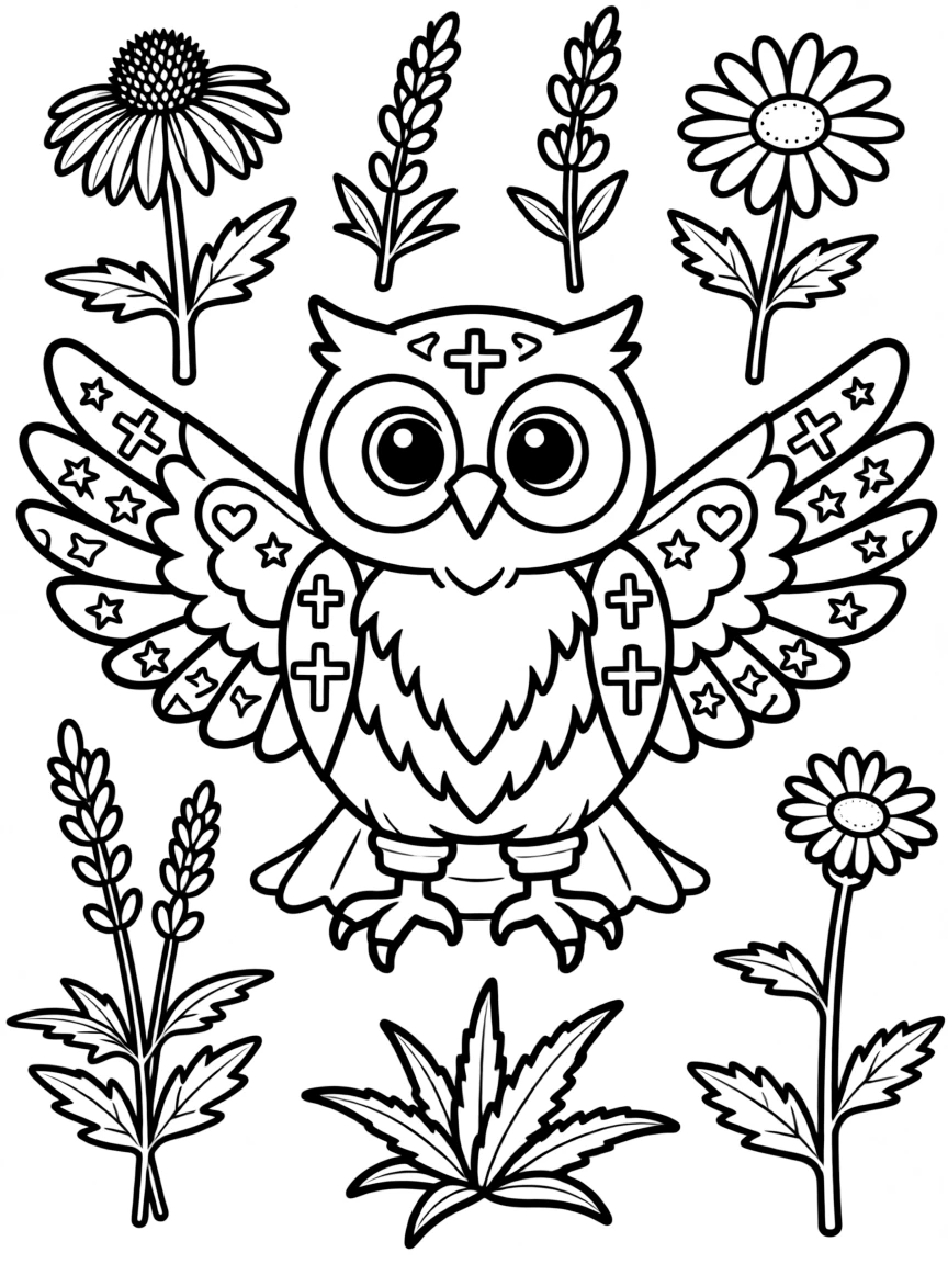 Owl with healing symbols in its feather patterns, surrounded by medicinal plants