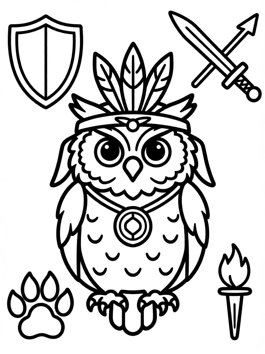 Owl with warrior decorations, surrounded by strength and courage symbols