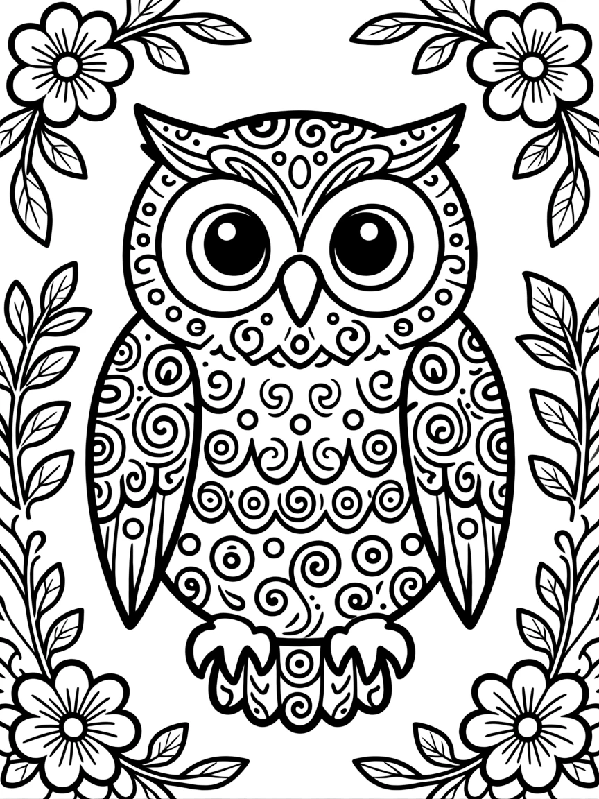 Owl with feathers forming a zentangle pattern, surrounded by detailed designs